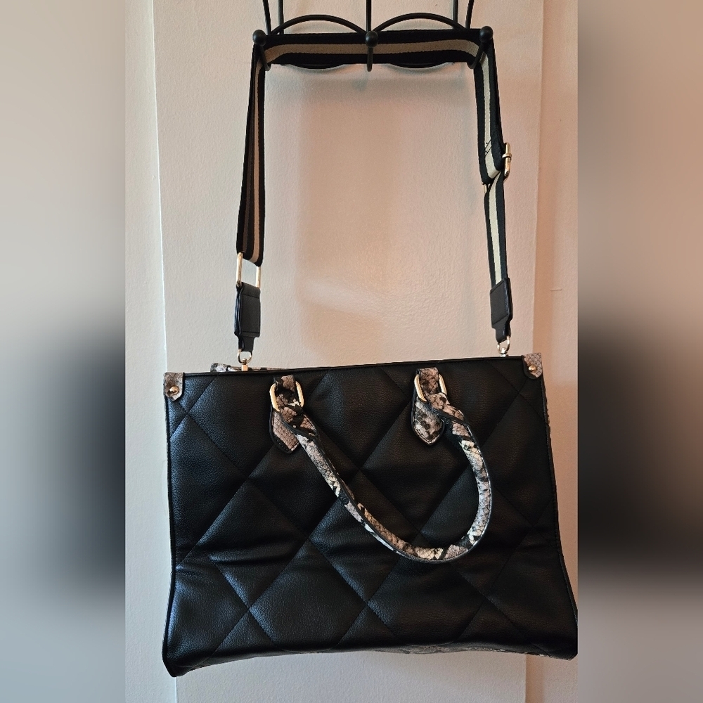 Brown And Black Snake Print Quilted Tote Shoulder Hand Bag - Picture 7 of 12